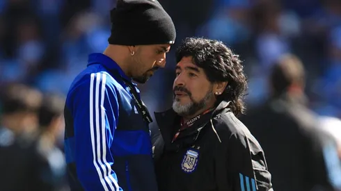 Verón y Maradona en el Mundial Sudáfrica 2010