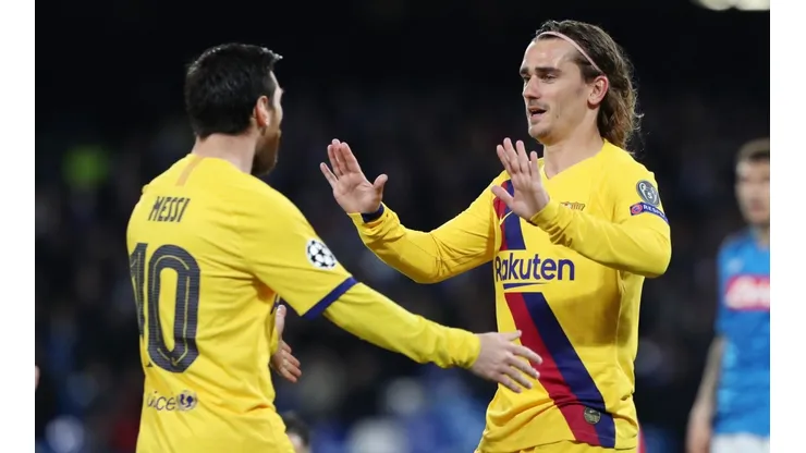 Griezmann festeja junto a Messi el empate ante el Nápoli