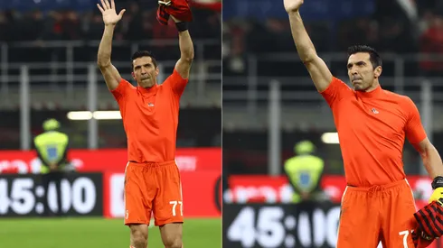 Buffon saluda al público con la camiseta del Milan en la mano