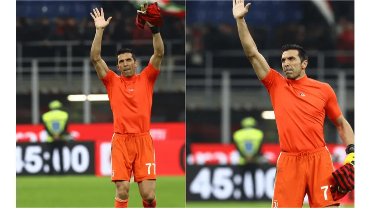 Buffon saluda al público con la camiseta del Milan en la mano