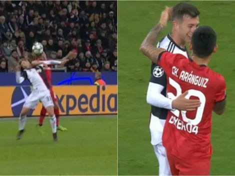 Codazo a la mandíbula de Aránguiz a Bernardeschi, abrazo final