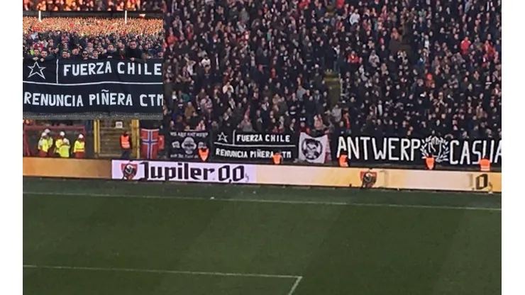 Los hinchas del Royal Antwerp de Bélgica piden que Piñera se vaya.