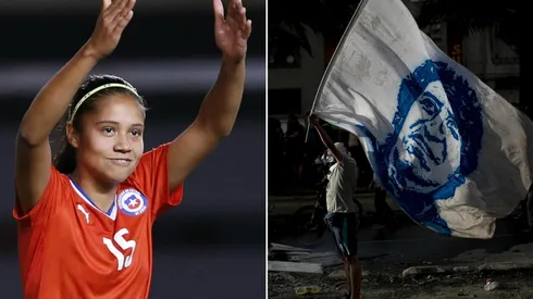 Fernanda Pinilla y una bandera de Víctor Jara en la protestas.