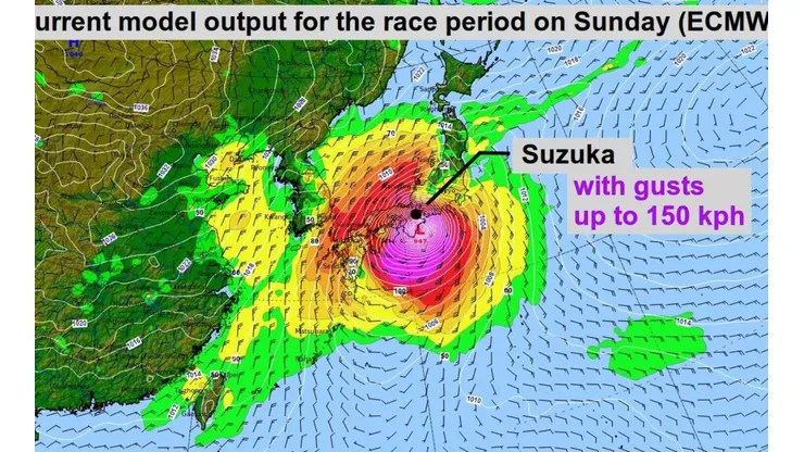 La imagen muestra el peor escenario del tifón sobre el autódromo de Suzuka