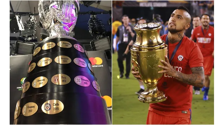 A la izquierda, la Copa América antes de salir de Chile en mayo pasado