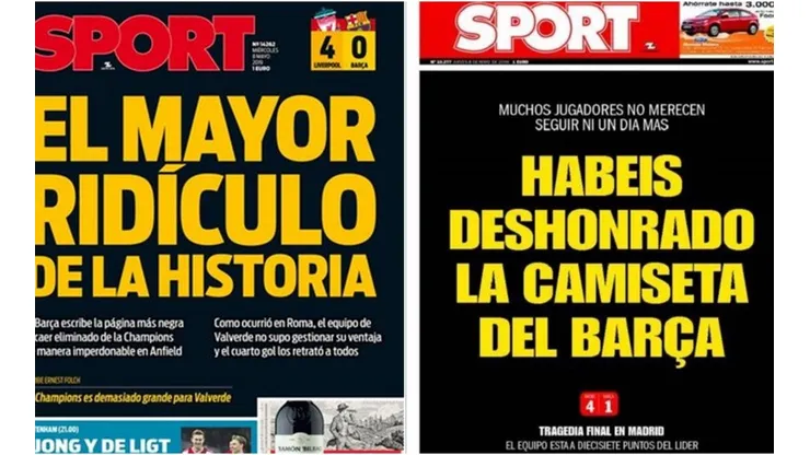 El diario Sport escribió con un cuchillo después de la derrota en Anfield