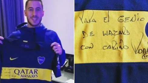 Hazard recibe la camiseta de Boca autografiada por Riquelme