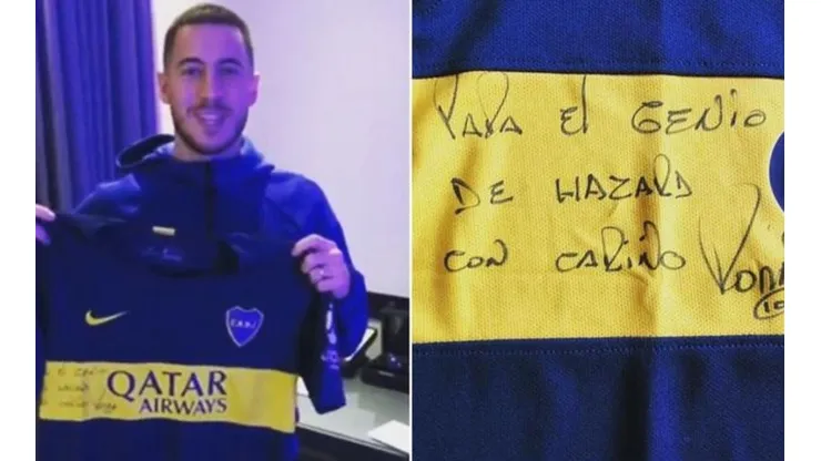 Hazard recibe la camiseta de Boca autografiada por Riquelme
