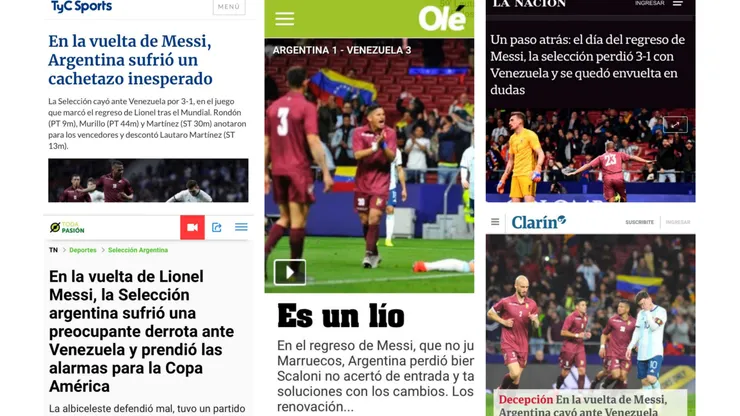 Prensa argentina: "Nunca Venezuela nos había marcado tres goles"