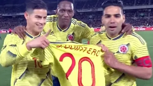 Rodríguez, Mina y Falcao le dedican el gol al lesionado Juanfer Quintero