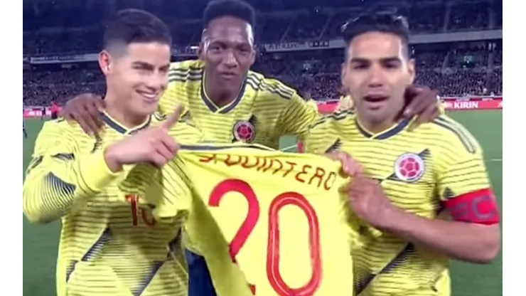 Rodríguez, Mina y Falcao le dedican el gol al lesionado Juanfer Quintero
