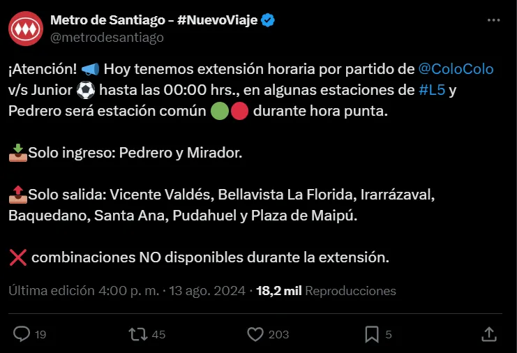 El Metro de Santiago anunció un horario extendido. (Captura Twitter).