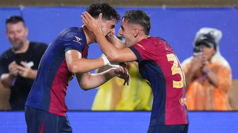Pau Víctor celebra su gol en el partido amistoso contra Manchester City.
