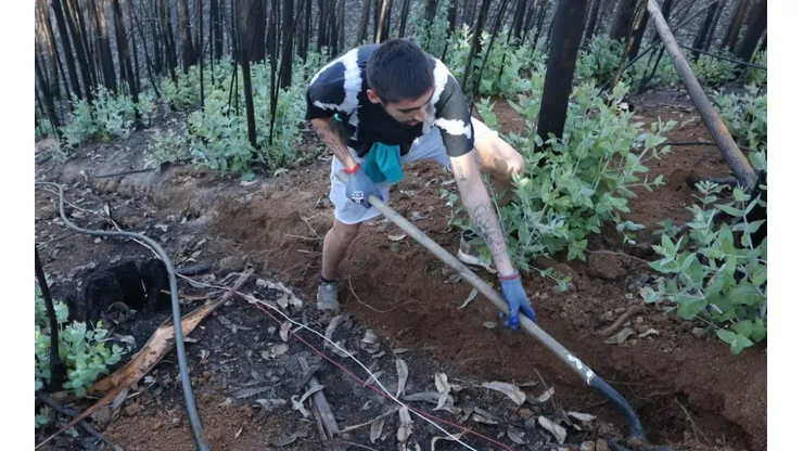 El arquero Gabriel Castellón y sus compañeros se pusieron manos a la obra para construir un canal de agua en Tomé.