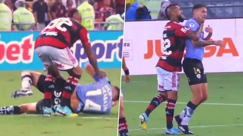 Vidal se calienta con rival en la Recopa entre Flamengo e Independiente del Valle.