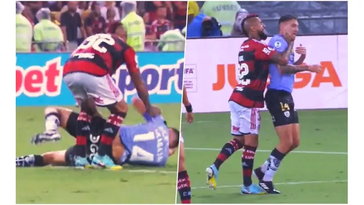 Vidal se calienta con rival en la Recopa entre Flamengo e Independiente del Valle.