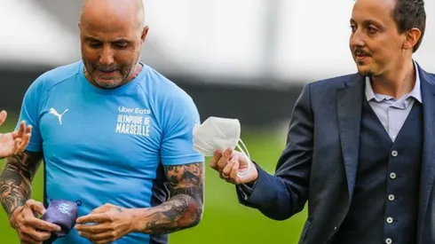 Jorge Sampaoli acompañado por Pablo Longoria, el presidente español que tiene el Olympique de Marsella.