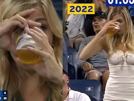 Mujer vuelve a tomarse una chela al seco en el US Open