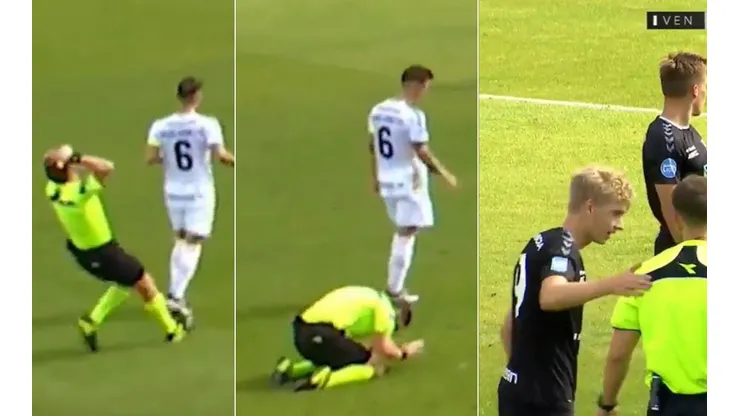 Árbitro danés es consolado por los futbolistas