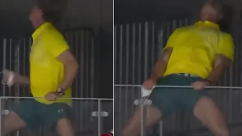 Dean Boxall festejando el oro olímpico de Ariarne Titmus