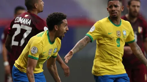 Marquinhos y Brasil festejan el 1-0 contra Venezuela en Copa América.