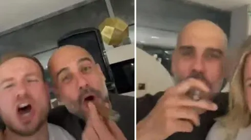 Pep Guardiola celebrando tras la obtención del título del City