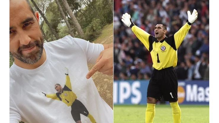 Claudio Bravo posando con su polera de Nelson Tapia
