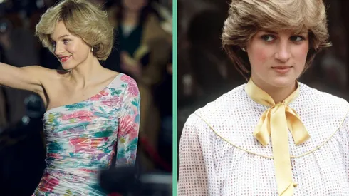 A la izquierda, Emma Corrin como Lady Di en "The Crown"; a la derecha, la princesa Diana real.