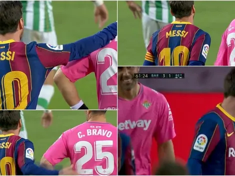 Messi toquetea y "se burla" de Bravo tras anotarle el gol del Barça