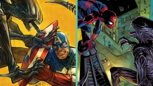 Dos de las portadas de Marvel vs. Alien, con Capitán América y Spider-Man.