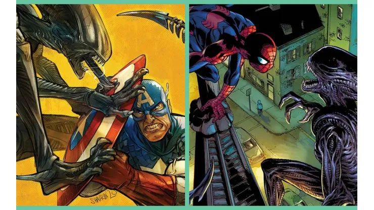Dos de las portadas de Marvel vs. Alien, con Capitán América y Spider-Man.