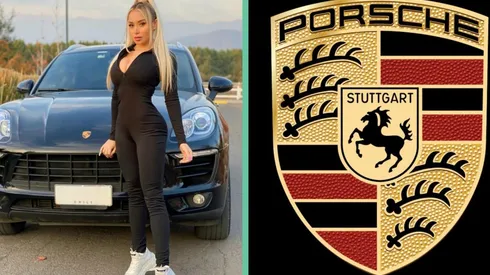 Daniella Chávez junto a su lujoso Porsche Macan negro.