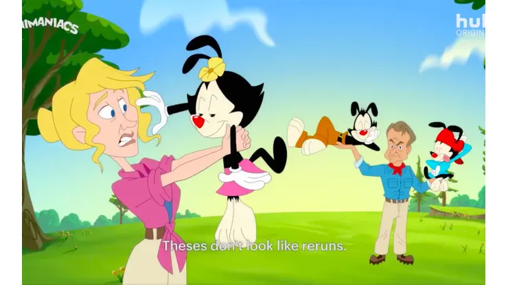 Una captura de la hilarante recreación de la escena de "Jurassic Park" para promover "Animaniacs".