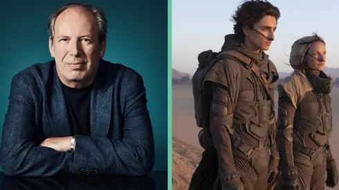 Hans Zimmer junto a una imagen de "Dune", con Timothée Chalamet y Rebecca Ferguson.
