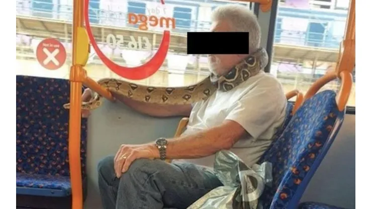 Los pasajeros del bus quedaron atónitos con el animal enrollado en el cuello del hombre.