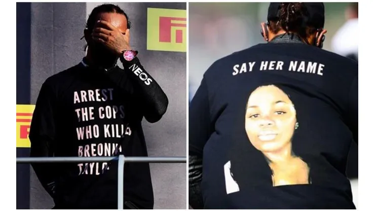 El piloto de Mercedes subió al podio con una polera pidiendo justicia por la muerte de Breonna Taylor.