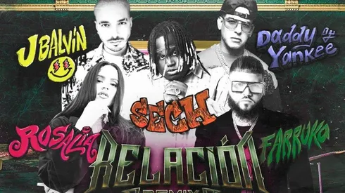 El arte para la colaboración de Sech, Daddy Yankee, J Balvin, Rosalía y Farruko, "Relación Remix".