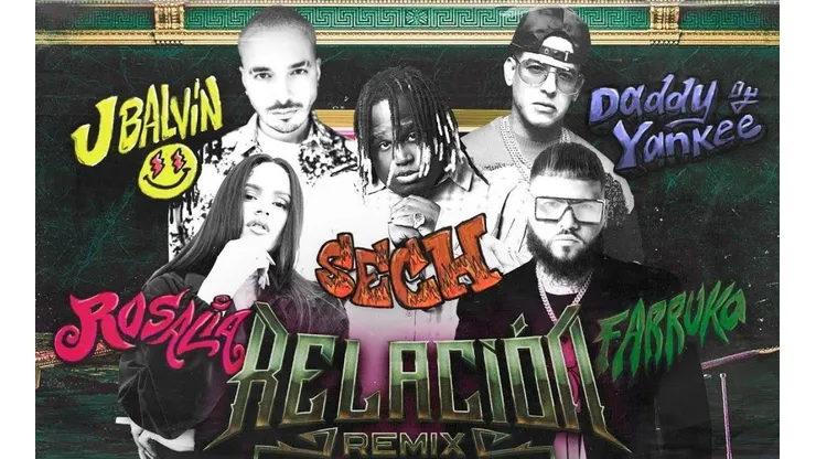 El arte para la colaboración de Sech, Daddy Yankee, J Balvin, Rosalía y Farruko, "Relación Remix".