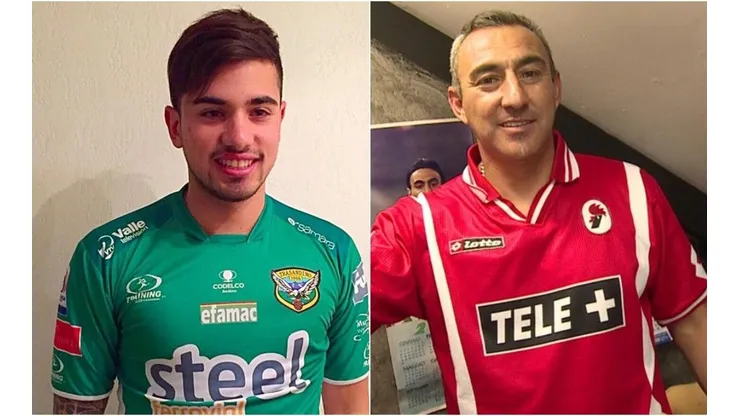 De Gregorio hijo en Trasandino el 2015 y De Gregorio padre con la camiseta del Bari.