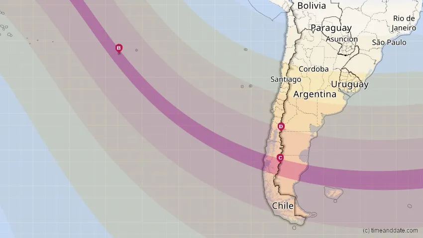 Mapa del eclipse solar anular del 2 de octubre en Chile. Los colores indican la parte del sol cubierta por la luna. La anularidad es visible en la franja roja oscur