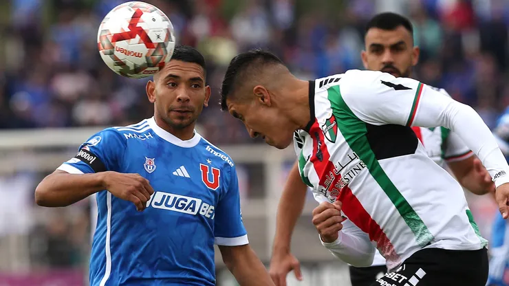 Cristian Suárez y Cristian Palacios en el último Palestino vs Universidad de Chile, en la fecha 9 del Campeonato Nacional 2024.