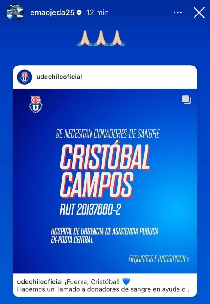 Tal como Emmanuel Ojeda, todos los jugadores de U de Chile apoyan la campaña por Cristóbal Campos.