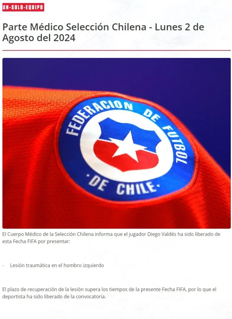 El comunicado oficial sobre Diego Valdés (La Roja)