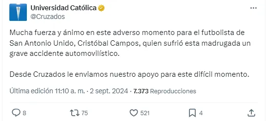 La UC también le dedicó un mensaje a Cristóbal Campos tras su accidente. | Foto: Captura.