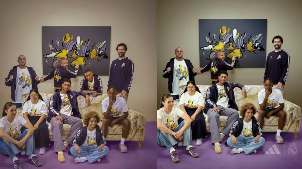 A la izquierda la foto original y a la derecha la que subieron los Merengues. Imagen: Real Madrid.