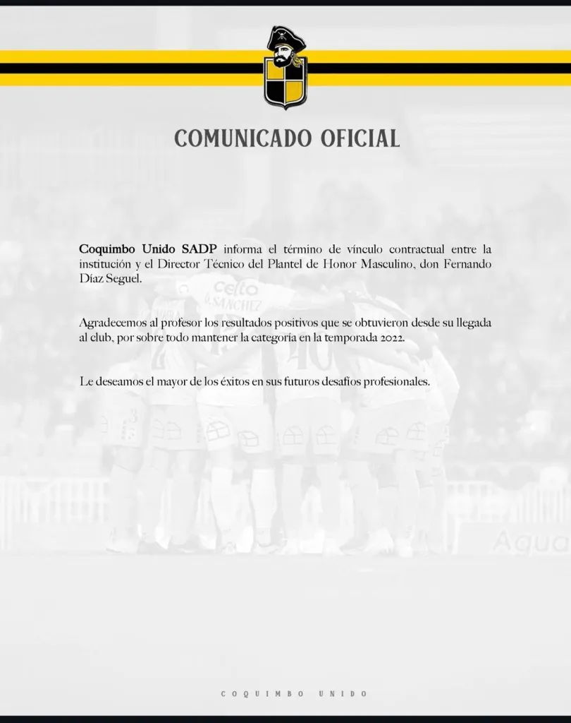 El comunicado del despido del técnico Fernando Díaz (Coquimbo Unido)