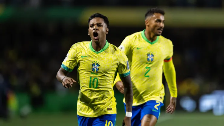 Rodrygo festeja su gol para Brasil en el partido ante Ecuador, en la fecha 7 de las Eliminatorias Sudamericanas 2026.