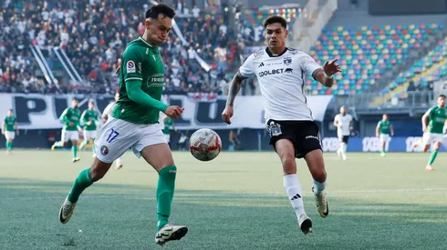Paolo Guajardo y Erick Wiemberg en el último Audax Italiano vs Colo Colo, en la primera rueda del Campeonato Nacional 2024.