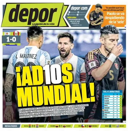 La portada de Depor tras la derrota de la selección peruana ante Argentina. | Foto: Captura.