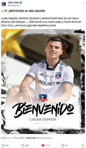 Así Colo Colo oficializó en febrero el arribo de Cepeda al equipo. | Foto: Captura.